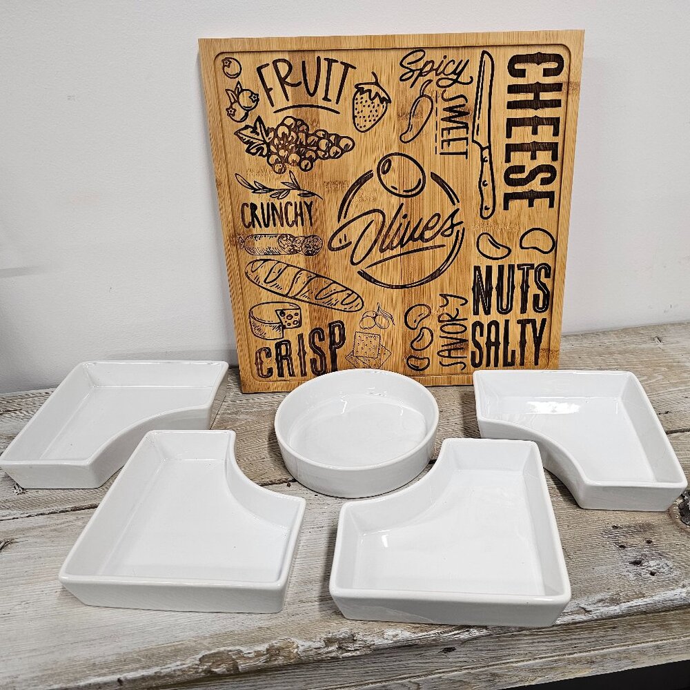Custom Engraved Bamboo Charcuterie Dip Tray with 5 mix and match Ceramic Bowls
